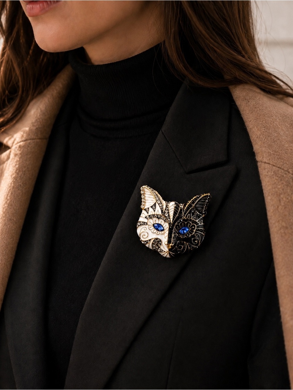 Black White Cat Mask Crystal Brooch